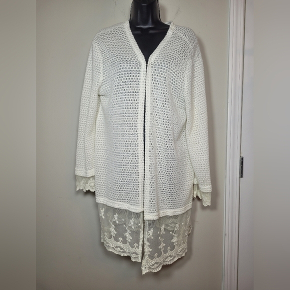 Umgee Sweaters - Umgee Boho Lace Trim Open Knit White Long Line Open Front Cardigan sz M A4446